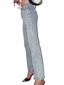 DEAT KVINNER JEANS HÖG Midja Slim White ShinyDiamd Straight Denim Light Blue Pencil Pants 2024 Summer New Fi 29L2979 D1rd#