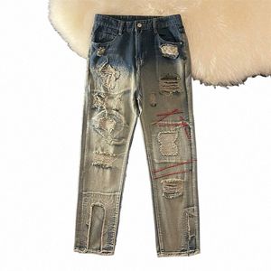 FI hip-hop rippade jeans män high street lös kausal persalitet raka byxor män byxor botten manliga kläder 70di#