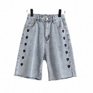 Mulheres plus size 3xl 4xl 5xl denim shorts cintura alta fi 2023 verão amor bordado jean calças femininas carga roupas de rua d3qb #