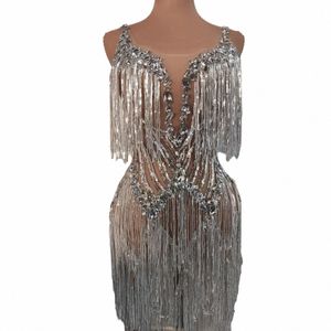 Fling Paillettes Frange Rhinestes Trasparente Dres Donne Sera Compleanno Celebrare Costume Ballerino Stage Wear Muyuye 66uh #