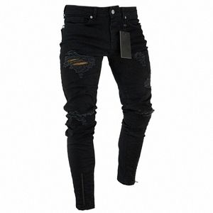 black Stretch Skinny Fit Bottom Zipper Jeans Men Knee Ripped Distred Hole Biker Jeans Pants Hip Hop Street Big Size XXXL P5VM#