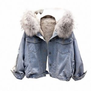 2024 Ny vinterjacka kvinnor veet tjock denimjacka Big faux päls krage huva jean jacka kvinnlig vintage casual outwear 1025 30as#