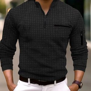 Primavera Autunno Mens Polo Shirt Solid Scacchiera Plaid Braccio Cerniera Moda Traspirante POLO sportivo per uomo Tees Streetwear 240328