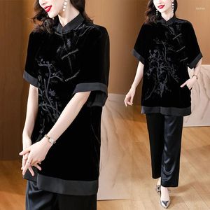 Blusas femininas estilo chinês modificado cheongsam bordado veludo top mulheres retro stand-up colarinho placa-botão de manga curta solta longa