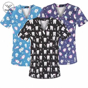 clinical Uniform Nurse Uniform Women Casual Dentist Print Short Sleeve V-neck T-shirt Loose Blouse Tops Uniforme Enfermera Mujer F6uc#