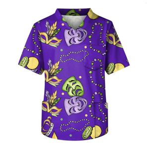 Women's T Shirts Men'S Short Sleeve V Neck Mardi Gras Carnival Theme Clothing Party Mask Pattern Chest Pocket Caregiver Top Ropa Rombre