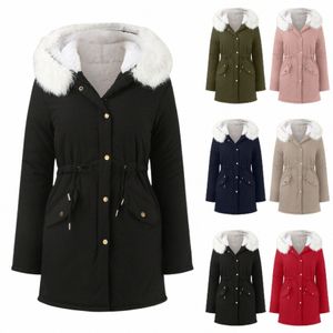 Faux Pelz Frau Jacke Mit Kapuze Kordelzug Parka Mantel Reißverschluss Frt Tasche Warme Dicke Schnee Tragen Thermische Mantel Weibliche Outwear l4pc #