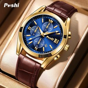 Poshi Fashion Mens Watches Quartz Movement Watch Calendar Waterproof Sport Wristwatch와 함께 고급 가죽 스트랩 240318