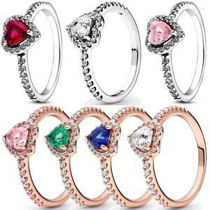 Anéis de cluster autêntico 925 anel de prata esterlina elevado coração vermelho com cristal colorido para mulheres presente de aniversário moda jóias