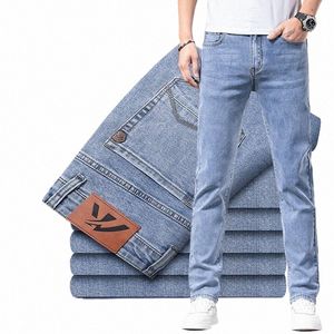 2023 fino cott estiramento jeans clássico bolso juventude leve primavera verão nova marca masculina ajuste straightlight calças azuis g3iq #