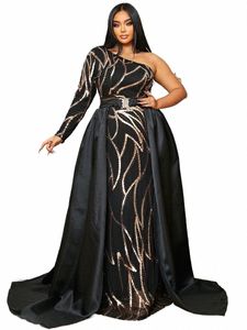 Missord Schwarz Pailletten Plus Size Abendkleider Elegante Frauen Eine Schulter LG Ärmel Gürtel Maxi Party Prom DR Mit Zug Kleid B2cp #