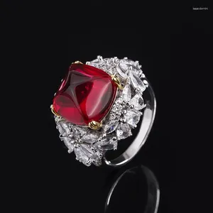 Cluster Rings S925 Full Body Silver Tiktok Women's Jewelry Color Treasure Pigeon Blood Red Sugar Tower Diamond Main Sto