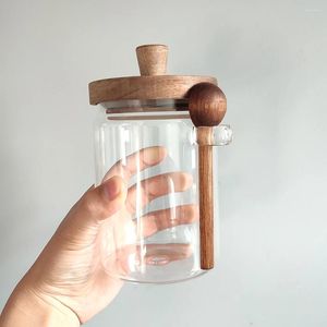 Storage Bottles Extra Large Glass Pot 1000ML Kitchen Food Grade Sealed Jar Coffee Powder Seasoning Acacia Wood Honey