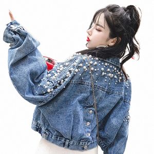 rimocy Pearls Decorate Denim Jacket Women 2024 Autumn Turn Down Collar Loose Cropped Coat Woman Butt Lg Sleeve Jeans Jackets 33I7#