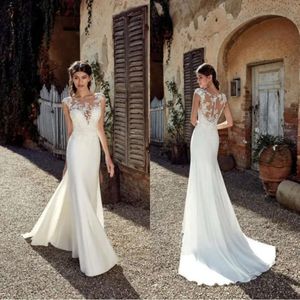 New Vintage Beach Mermaid Dresses Sexy Lace Applique Sheer Neck Floor Length Bohemian Plus Size Bridal Wedding Gowns BC