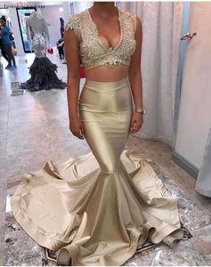 Party Dresses V Neck Mermaid Prom Dress Two Piece Beaded Lace Satin Gown Custom Made Plus Size