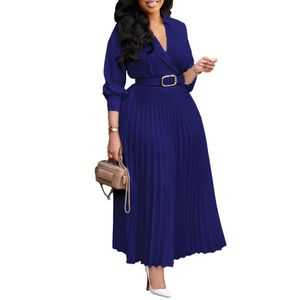 Designer Women Dresses Blue Formal Pleat Dress V-Neck Fashion Casual Breathable elegant dress 2024