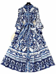 Runway Red Blue and White Porcelain Print Holiday Maxi Dr Women's Stand Single Breasted Loose Sets Up Belt LG Robe Vestido L0OD#