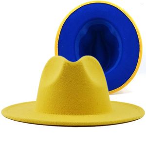 Berets Blue Simple Yellow Patchwork Wool Felt Jazz Fedora Hats With Belt Buckle Men Women Wide Brim Panama Cowboy Trilby Hat L/XL