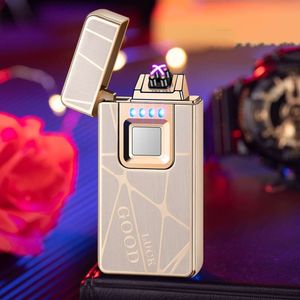 New Pulse Plasma Fingerprint Sensing USB Charging Portable Windproof Metal Double Arc Lighter Outdoor Camping Men High End Gifts