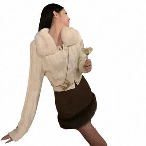 Camisola de malha feminina estilo coreano gola de pele cardigan feminino manga lg y2k casaco curto com pele falsa elegante fi tops y5Vr #