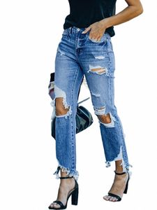 ripped Holes Wed Straight Jeans, Slant Pockets Distred Frayed Hem Denim Pants, Women's Denim Jeans & Clothing Q6lJ#