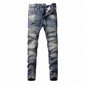 Fi Designer Uomo Jeans di alta qualità Retro Wed Blu Stretch Slim Jeans strappati Uomo Ricamo Patched Vintage Denim Pants a4qb #