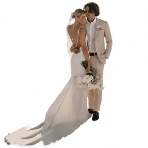 Sogno senza spalline che borda semplice sirena da sposa Dres Backl Crepe Abiti da sposa Sweep Train vestido de novia k5Ci #