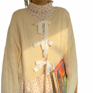 Cardigan corto giallo chiaro da donna dolce allentato con lacci in maglia maglione giacche femminili top vuoti autunno 2021 abbigliamento donna P1am #