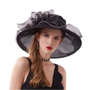 Mode damer klänning bröllop organza hattar kyrka blommor hatt elegant kentucky derby hattar flickor kvinnliga hopfällbara breda brim solvisorer lopp cap brud pannband