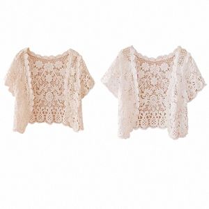 women Short Sleeve Crochet Shrugs Hollow Out Fr Lace Open Frt Cropped Cardigan Sunscreen Scalloped Bolero Jacket M0aa#