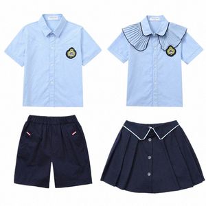 Uniformes da escola primária do jardim de infância estilo britânico camisa de verão saia azul marinho shorts roupas de estudante para crianças meninos meninas m78x #