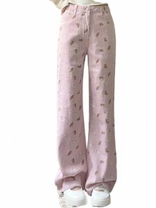 Vintage Kawaii Bonito Urso Rosa Baggy Jeans Mulheres Coreano Fi Calças Jeans Oversize Doce Estilo Japonês Calças de Perna Larga Menina F0mo #