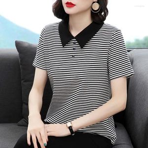 Women's T Shirts Summer Striped Tops Ladies Casual Pullovers Turn-down Collar Interior Lapping Comfortable T-Shirts Office Lady Clothing