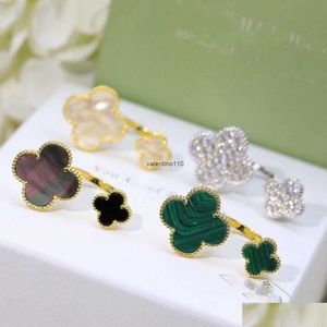 Cluster Ringe Vintage Van Clee Esigner Kupfer Doppel Keramik Vierblättriges Kleeblatt Blume Charm Offener Ring für Frauen Schmuck mit Box Party Otbmf