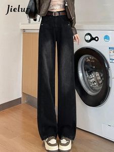 Women's Jeans Black Straight Slim Loose Fashion Casual High Waist Chic Female Wide Leg Pants Pockets Basic Office Lady