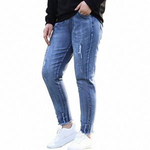 Plus Size Fransensaum Neunte Bleistiftjeans Frauen 6XL Lässige elastische gebundene geraffte hohe Taille ausgefranste Demin-Hosen dünne Stretch-Hose N7Wn #