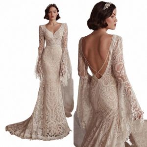 Boho sirena da sposa Dres Lg manica piega sexy pizzo Illusi abiti da sposa con scollo a V Backl Zipper Sweep treno abiti 2024 J2eU #