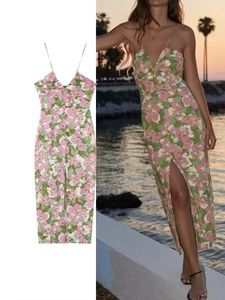 Traf Print Poślizgnięcie długie sukienki dla kobiet gorset midi żeńska sukienka plaża bez pleców cienkie paski letnie kobiety 240323