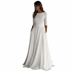 semplice abito da sposa in raso Dr Lg maniche A Line Crepe con scollo a barca elegante abito da sposa con tasche Plus Size abito da sposa Q9wh #