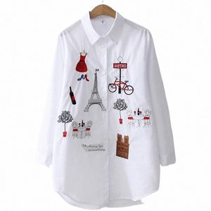 2023 New White Shirt Casual Butt Up Turn Down Collar Female Blouse Lg Sleeve Cott Blouse Embroidery Blouse Lady 5083 50 I5cn#