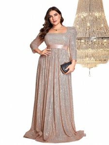 Lucyilove Plus Size Luxury Blue V-hals LG Sleeve Sequin Evening Dres Elegant Backl Party Maxi Dr Prom Cocktail Dres N1ed#
