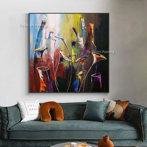 Hand-Painted Knife Abstract Wine Bottle And Wine Glass Oil Painting Bar Wall Art With Frameless Colorful Abstract Canvas Painting For Living Room Bedroon Decor