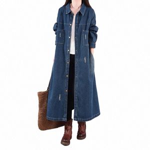 nyfs 2024 New Spring Autumn Big size Loose Single Breasted Denim Trench Coat Women Vintage Solid Lg Denim Windbreaker o4qM#