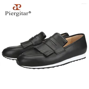 Casual Shoes Piergitar Black Hand-Brushed Calfskin Active Sneakers With Fringed Bands Handcrafted In GuangZhou Slip-On Men's