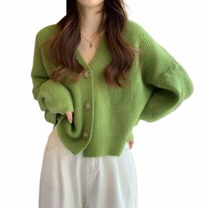 Koreansk vår och hösten 2023 Ny V-hals Löst slouchy stickad kläder LG Sleeve Sweater Cardigan Women's Top Coat R2BV#