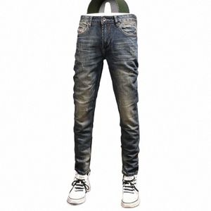 fi Streetwear Men Jeans High Quality Retro Dark Blue Elastic Slim Fit Ripped Jeans Men Vintage Designer Denim Pants Hombre H8v1#