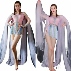 women New Pink Sexy Mesh Shawl Rhineste Multicolor Tassel Birthday Party Celebrate Stretch Dr Bar Dance Costume Bodysuit B8BD#