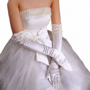 1 Çifti Gelin Gelin Düğün Eldivenleri Kırmızı Beyaz Fildişi LG Boncuklu Satin Kadınlar için Zarif Finger Gants Mariage Luvas de Noiva E5es#
