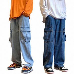 pantaloni cargo a gamba larga autunno nuovo streetwear jeans larghi hip-hop grandi tasche uomo coreano fi allentato abbigliamento maschile dritto blu r7Re #